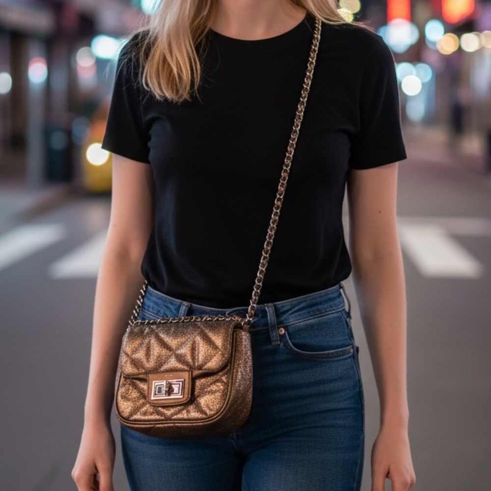 BCBGeneration Bronze Quilted Crossbody With Chain Woven Strap